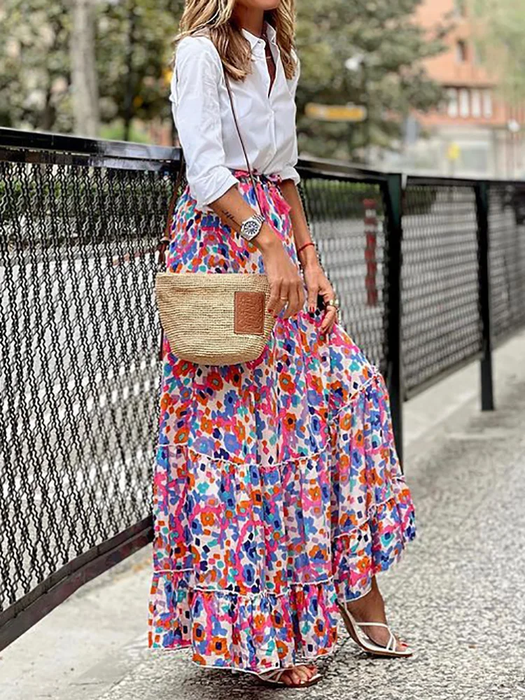 

Lady Streetwear Vintage Print Patchwork Skirt Women Bohemian Holiday Loose Ruffles Skirt Casual Long Skirts Vestido Dropshipping