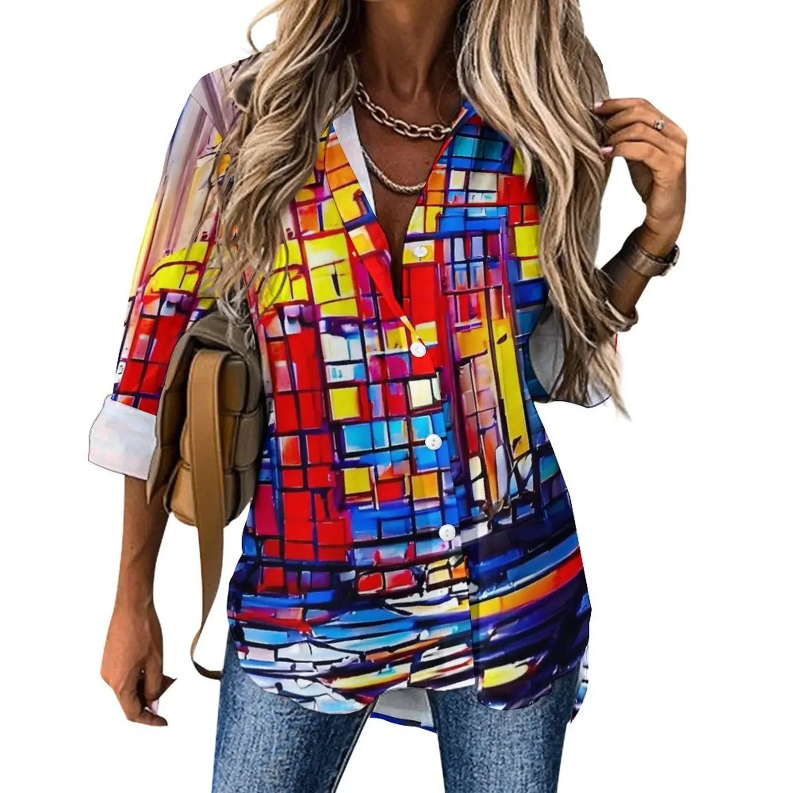 

Spring Autumn Women's Colorful Checkered Print Pattern Design Shirt Commuting Top Long-sleeve Lapel Fashion Street Shirt Blouses