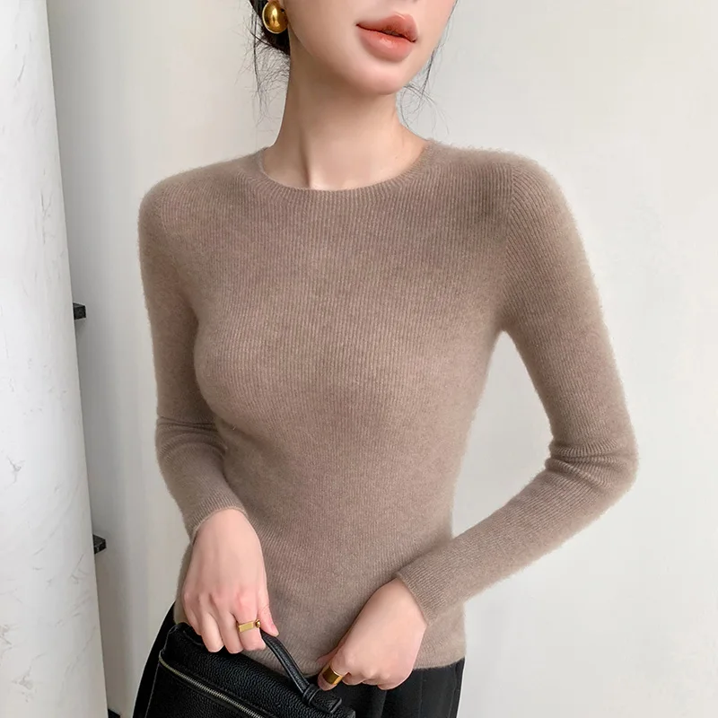 

First-line ready-to-wear seamless round neck sweater women's 100% pure wool new slim pullover sweater knitted bottoming shirt