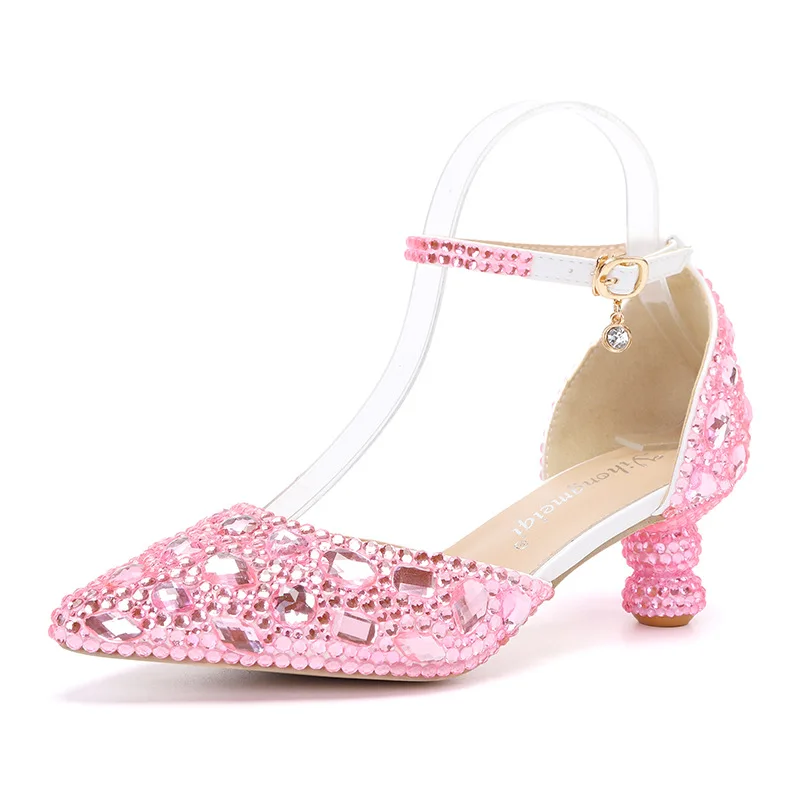 

New Luxury Rhinestone Shoe Buckle Round Heel Blue Pointed Crystal Wedding Sandals Social Dance Prom Shoes Latin Shoes Size 35-43