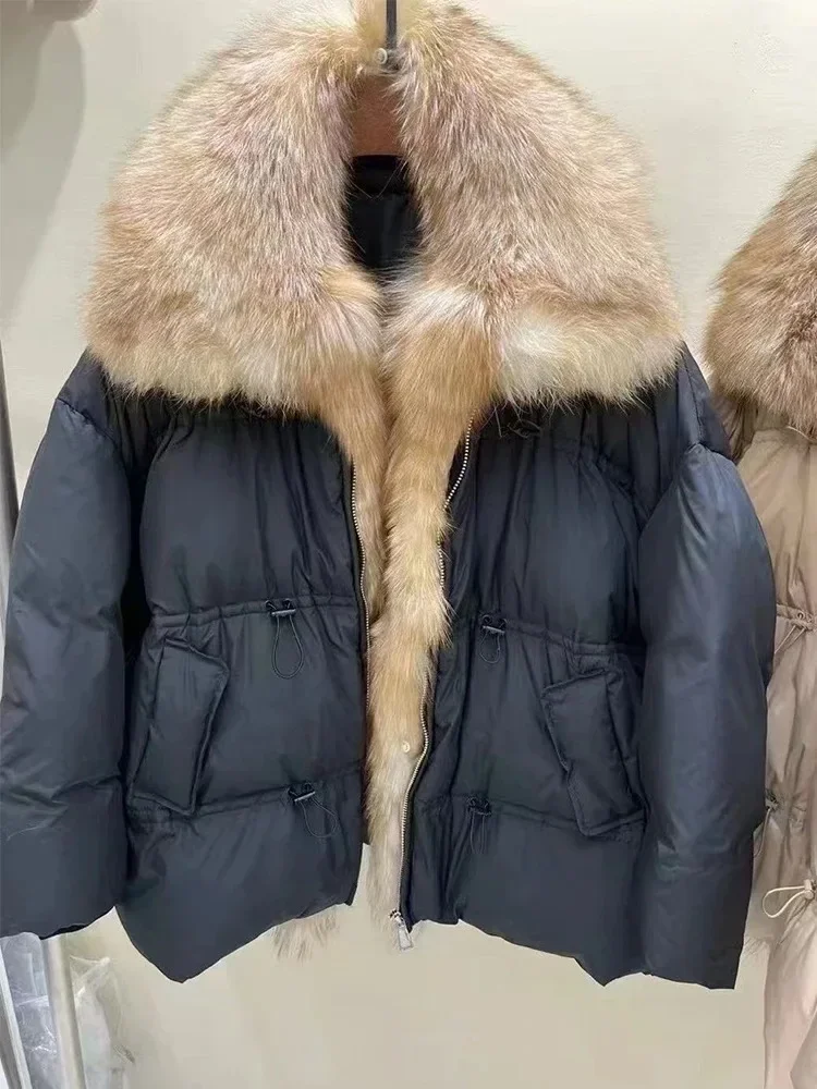 

Reality Natural Fox Fur Collar Short Real Puffer Jacket Warm Lady Winter Loose White Duck Down Coat Women Thickened Down Jacket