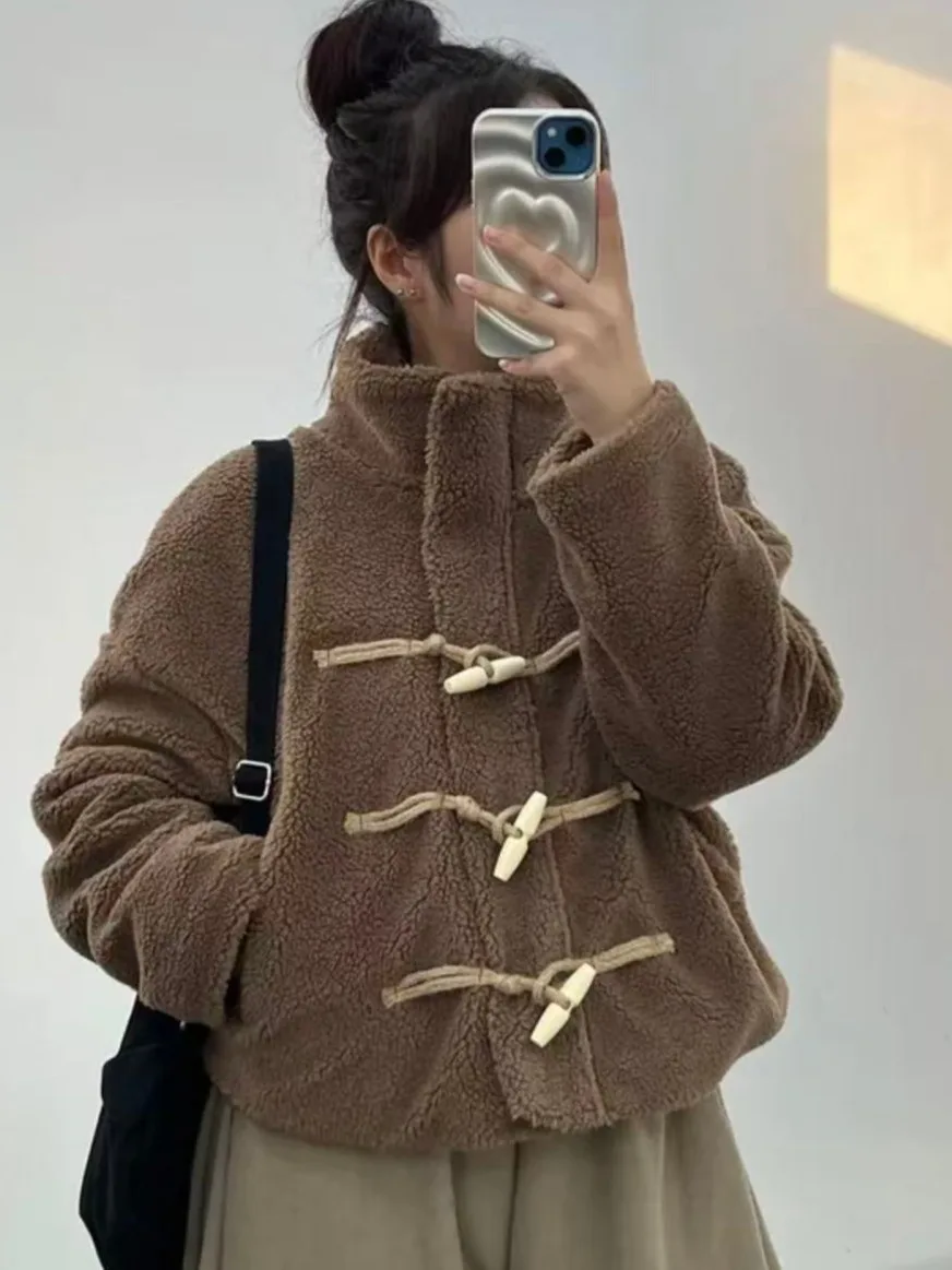 

Korean Sle ort Cotton Jaet Women's Winter Lazy Warm Fur Inteated Lamb Velvet Button Cotton Clothes Trendy