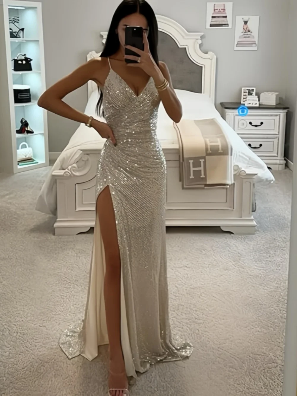 TSxuelian Women Sequin V-neck Mermaid Prom Dresses Long Spaghetti Straps Corset Formal Evening Dress High Slit Party Gown