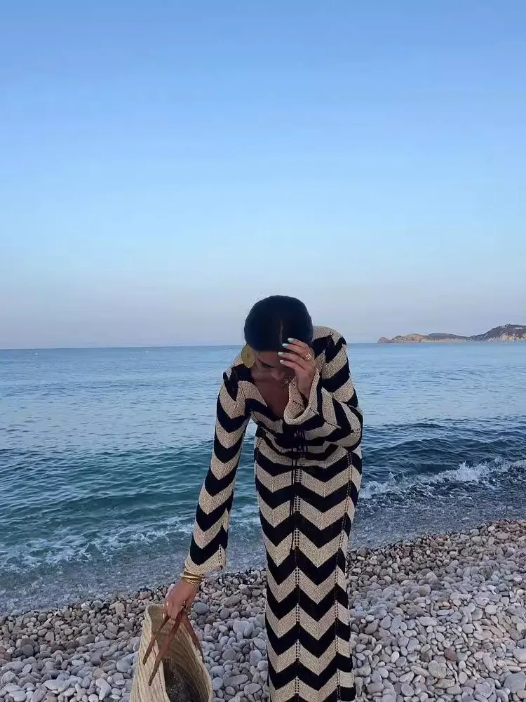 

Knitted Dress Leace-up Vestido Dresses 2025 Woman Beach Hollow Out Slim Vacation Beachwear Temperament Long Sleeves Holiday Sexy