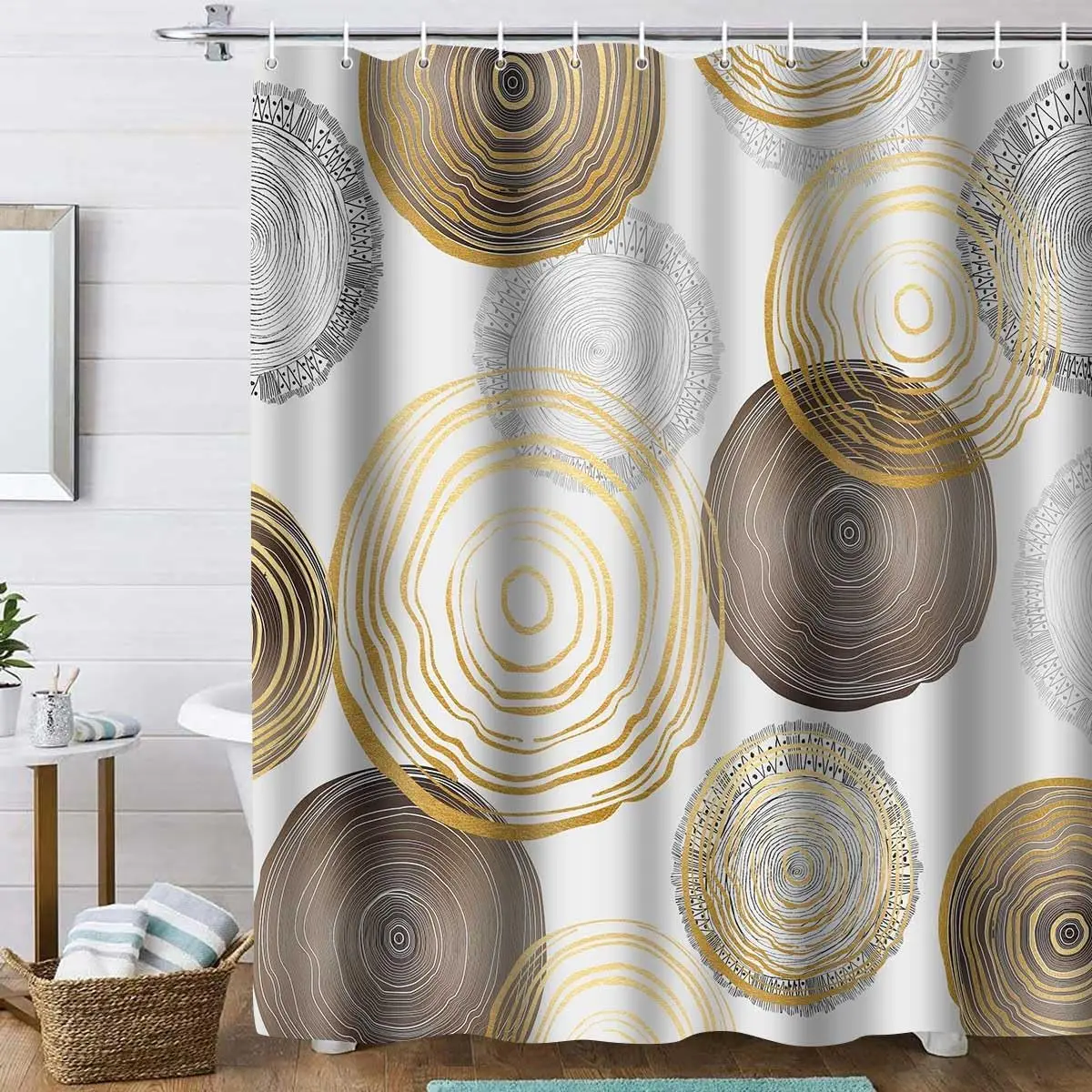 Modern Abstract Shower Curtain,Circle Geometric Pattern Shower Curtain Sets, Mid Century Style Bathroom Curtains Decor Set with
