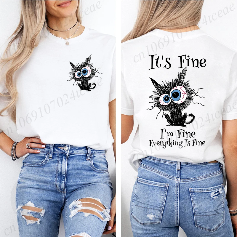 Women T-Shirt Everything Is Fine Black Cat Print Tops, Soft Breathable Round Neck Short Sleeve Tee, Unisex Fun Quirky Style Tops