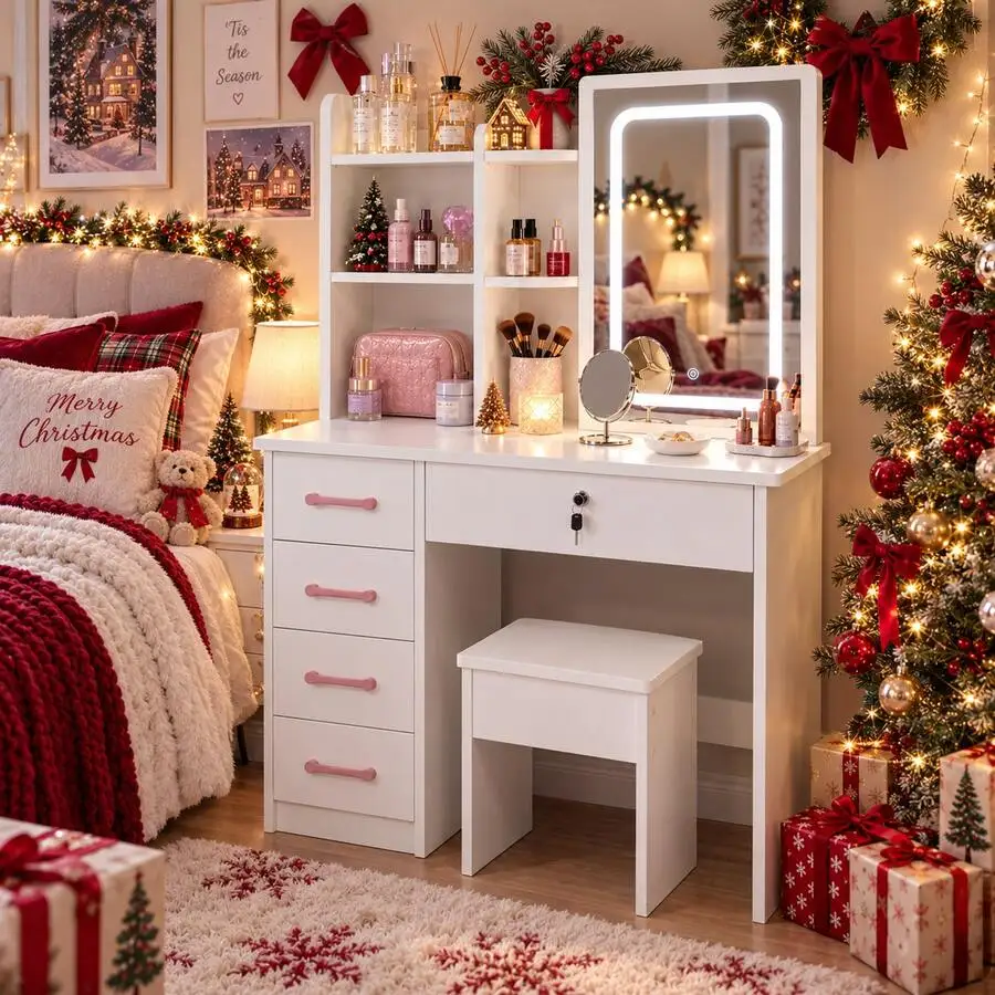 White Vanity Desk Set With Touch-Control Lighted Mirror, 4 Large Storage Drawers + 1 Lockable Drawer, Open Shelves & Cushioned S