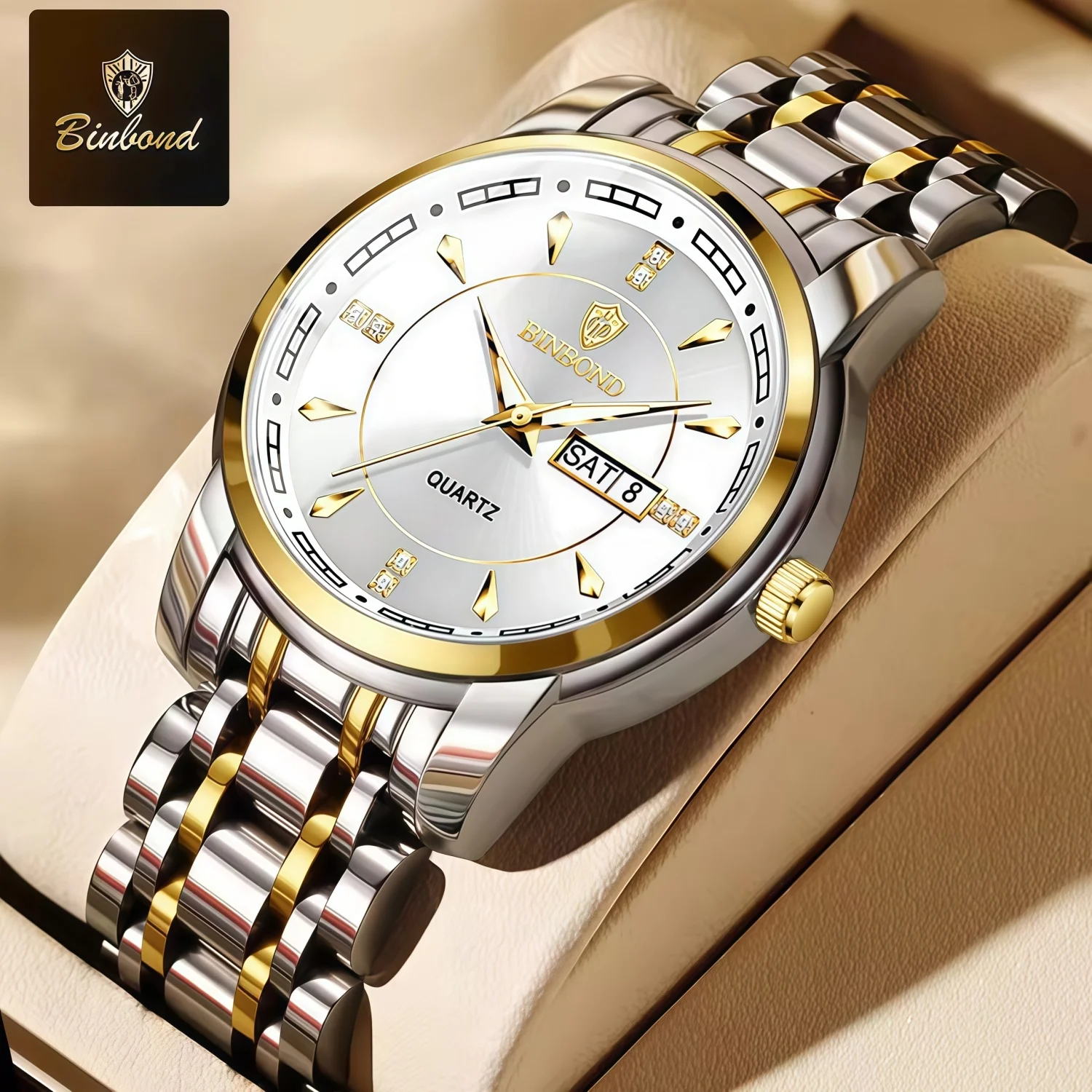 

BINBOND Business Brand Men Quartz Fashion Watches Complete Calendar Display Water-Resistance Week Display Suitable Birthday gift