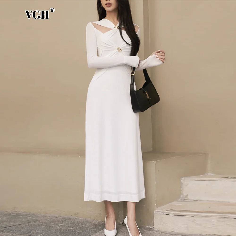 VGH Elegant Hollow Out Crosscriss Dresses For Women V Neck Long Sleeve High Waist Spliced Matel Slimming Dress Female Fashion