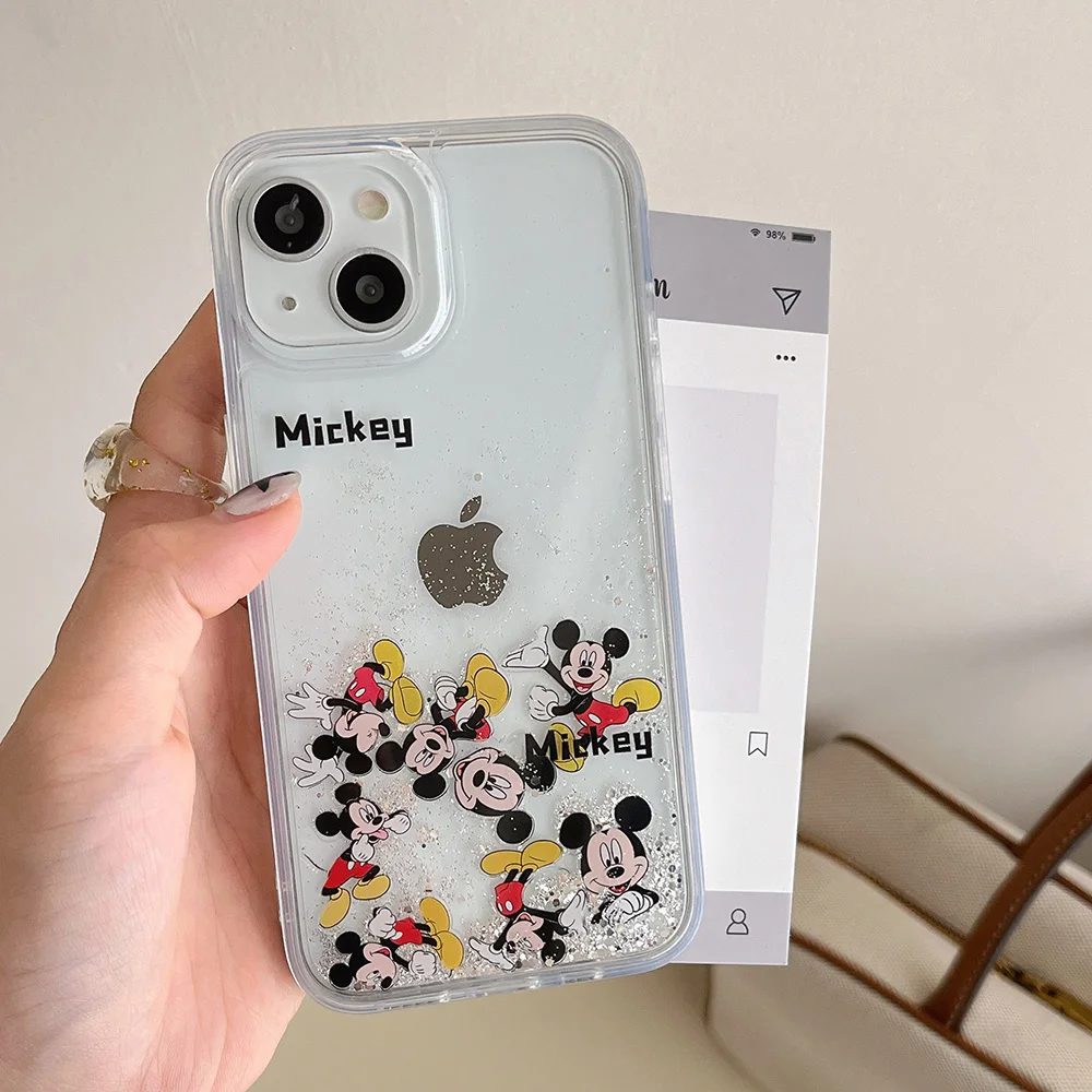 Cute Cartoon Disneies Mickey Luxury Quicksand Phone Case for IPhone 15 14 13 12 11 Pro Max Drop-resistant Clear Back Cover Funda