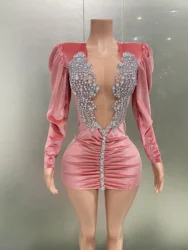 Sexy Luxury Sparkly Crystals Pink Short Dress Women Elegant Velvet Evening Prom Dresses Birthday Party Club Gowns