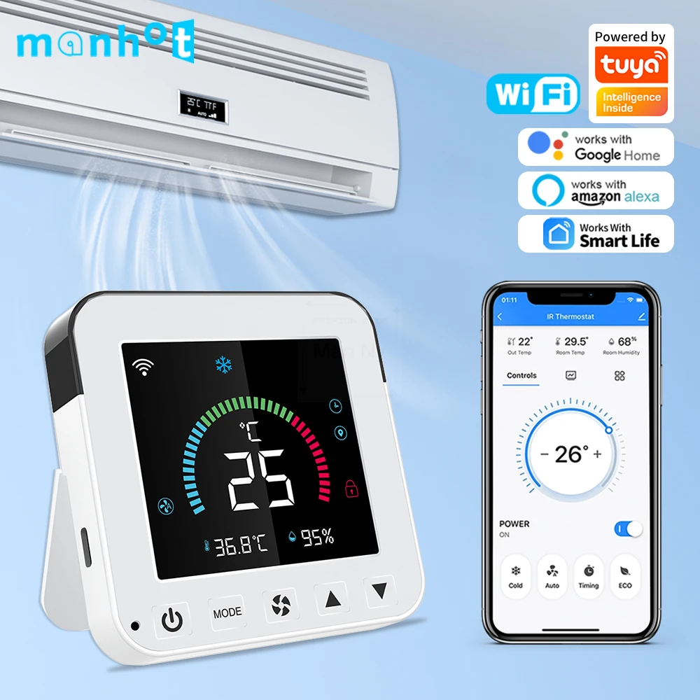 MANHOT WiFi Smart Air Conditioner IR Temperature Thermostat Humidity Infrared USB Power LCD Touch Screen Google Home