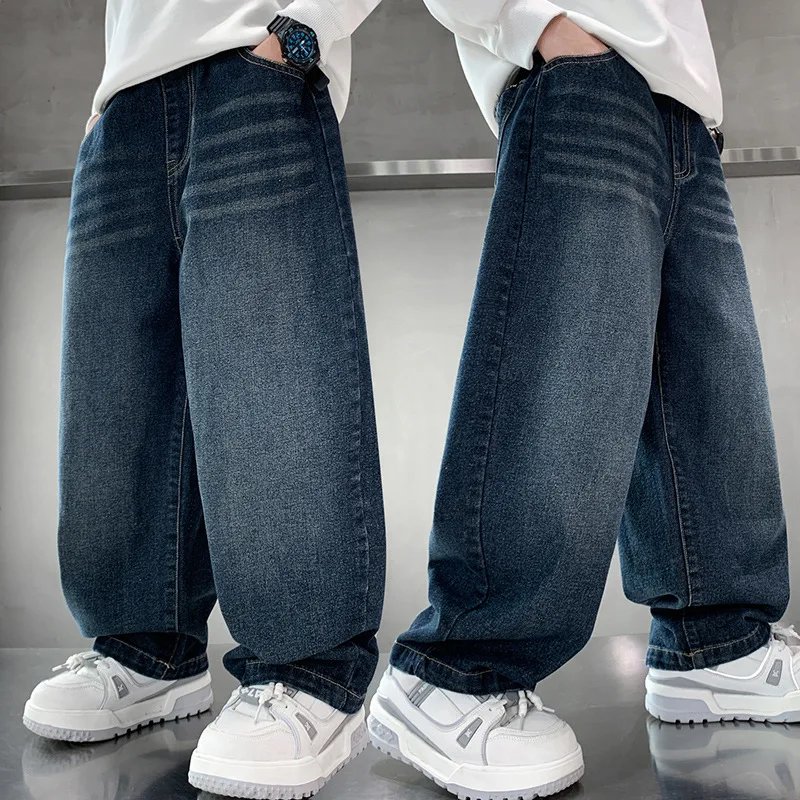 النمط الكلاسيكي الأطفال بلون الجينز للمراهقين الأولاد خمر الجينز الأزرق الداكن السراويل الاطفال المراهقين الرجعية الفاخرة الدنيم السراويل #2