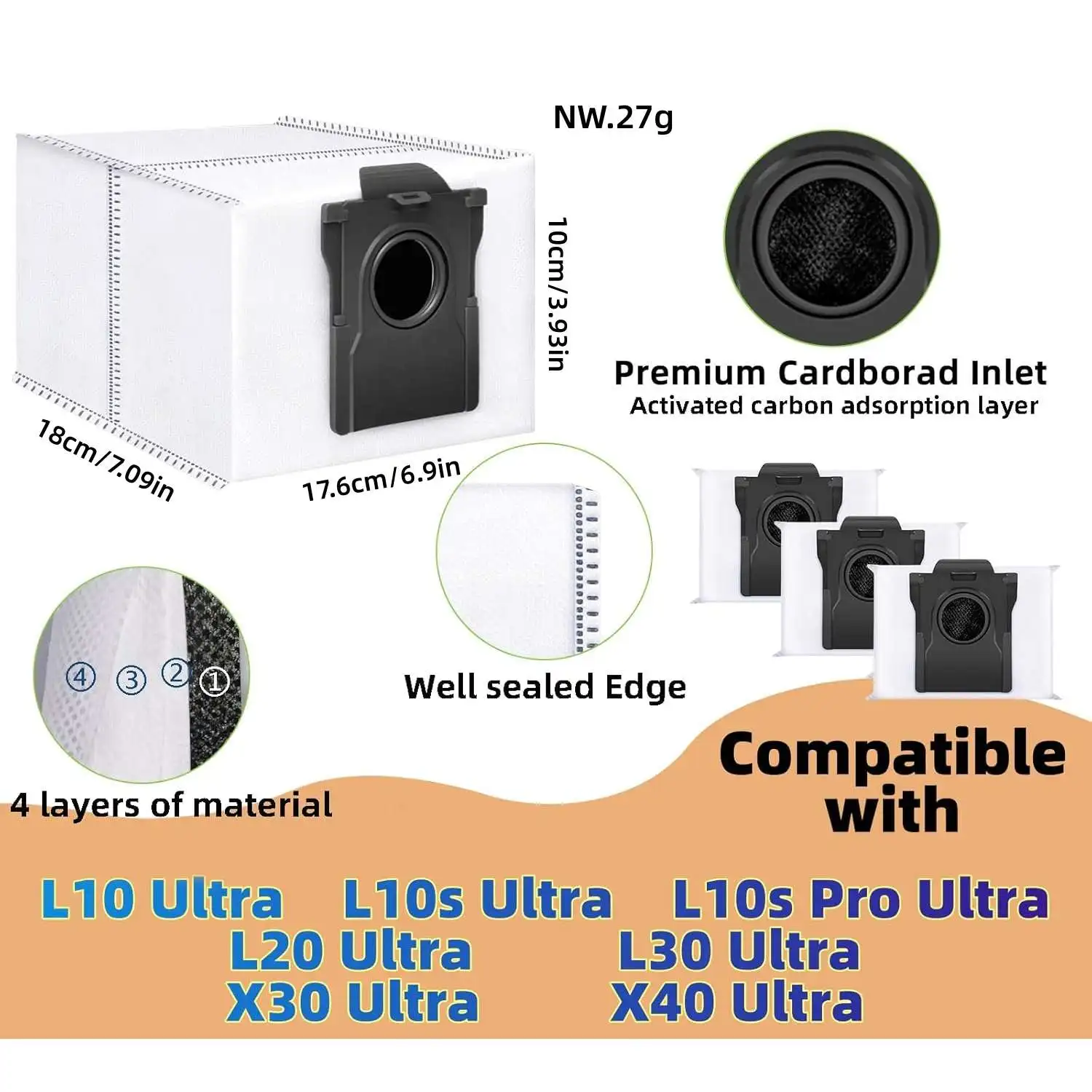 Dust Bags for Dreame Aqua10 X50 X40 L20 L40 Ultra, L50 L40s L10s Pro Ultra, L10s Ultra Gen2, S20 Ultra,Mova V50 Ultra, E30 Ultra