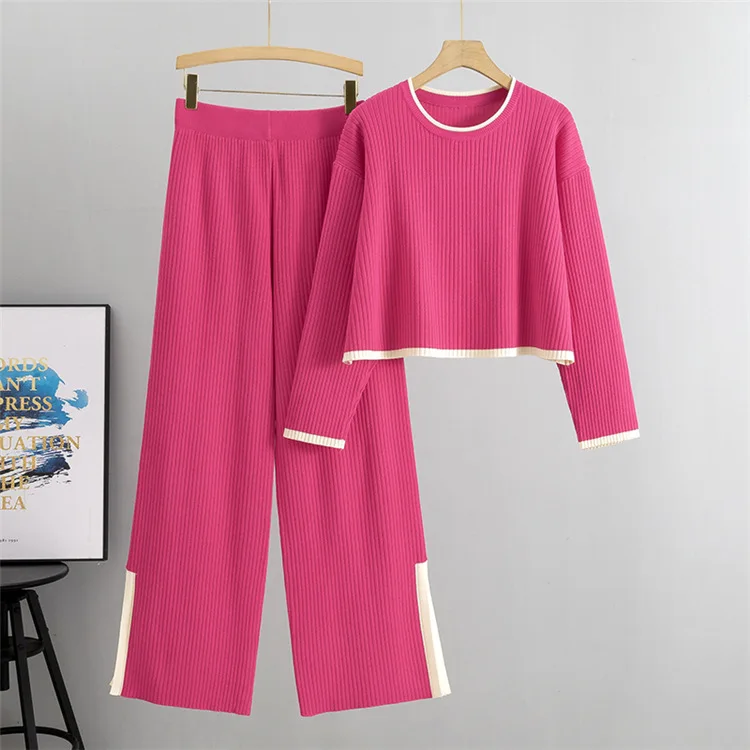 Knitting Sets Women Muslim Short Sweater Suit Two Piece Knit Pullover Wide Leg Trousers Set Outfits Casual Modest Ensemble