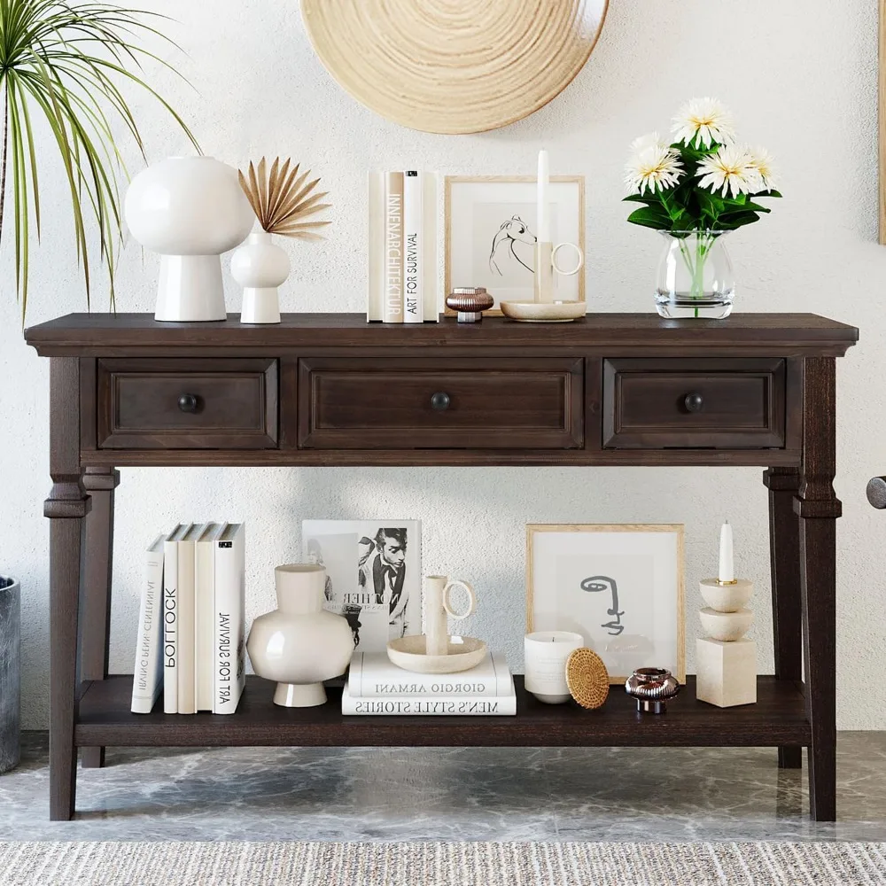 Table with 3 Drawers, Retro Entryway Table with Storage and Bottom Shelf, Narrow Long Sofa Table for Entryway, Livin