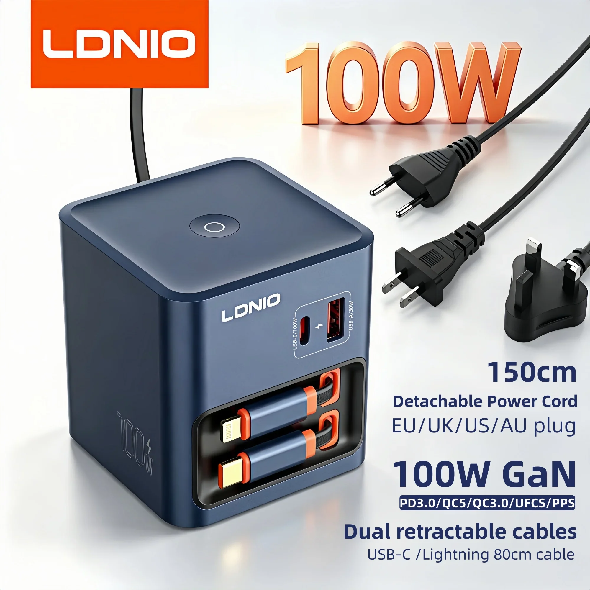 LDNIO 100W GaN Charger USB C Retractable Cable EU US AU UK Plug PD3.0 PPS QC5 Fast Charger for Laptop MacBook iPhone Samsung