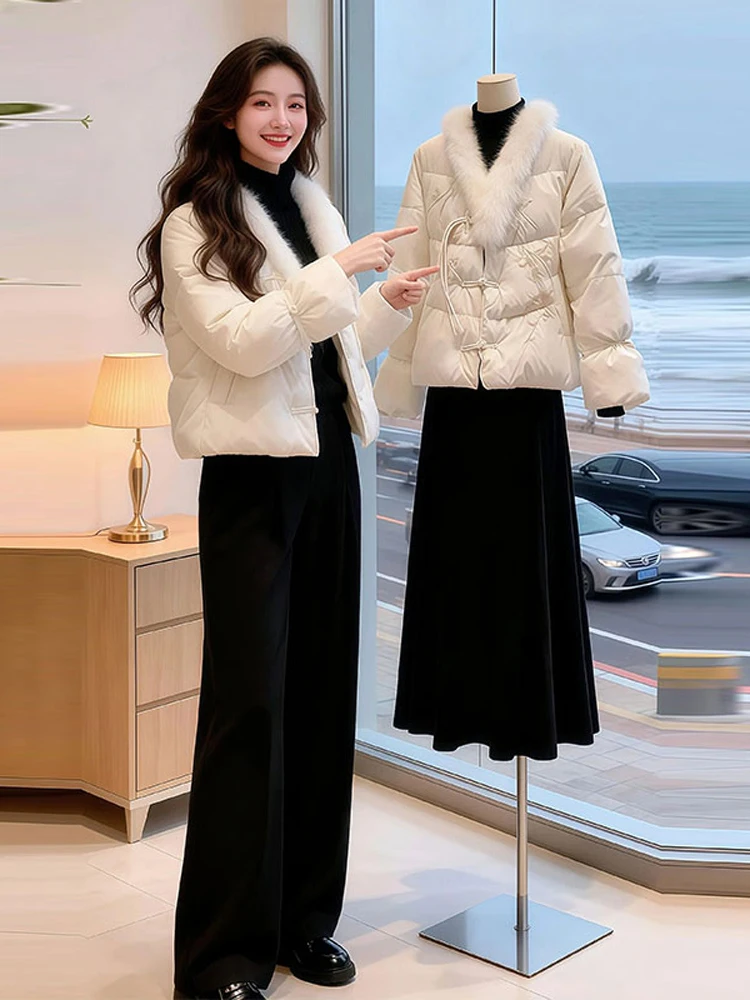 

New Chinese Sle Women's down Cotton Jaet Fluffy Splicing ort Coat Winter Faionable Commute Loose Fit Pure Color