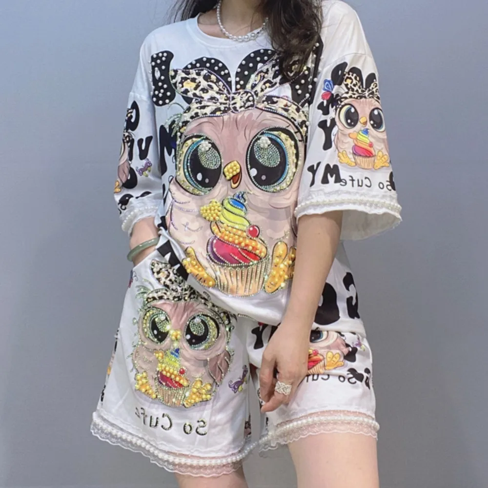 

Summer New Print Short Sets Women Fashion Design Sense Pearl Beading Diamond T Shirt Shorts Two Piece Set Trendy Female 2026
