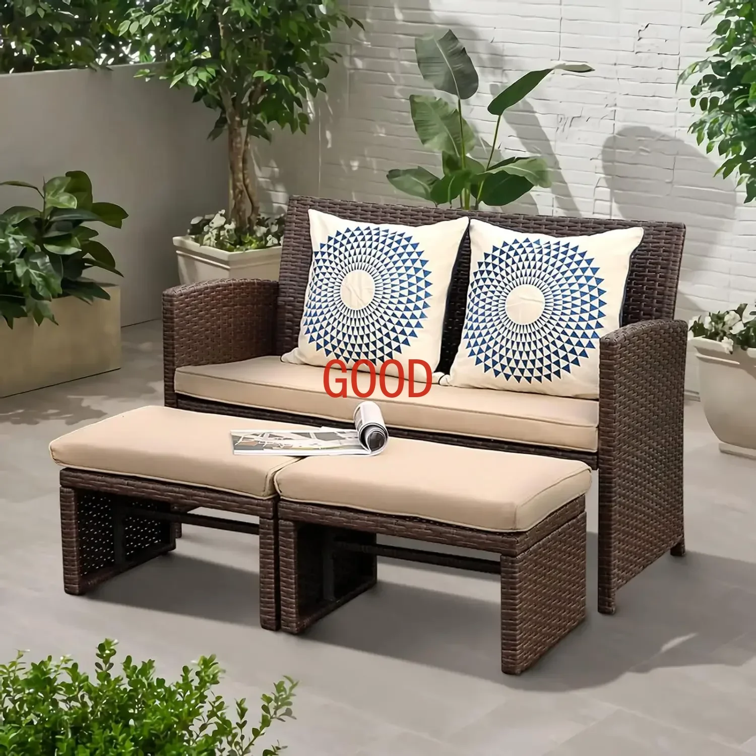 Outdoor Loveseat 3 Piece Patio Furniture Set Outdoor Conversation Set All-Weather Wicker Love Seat with Ottoman/Side Table