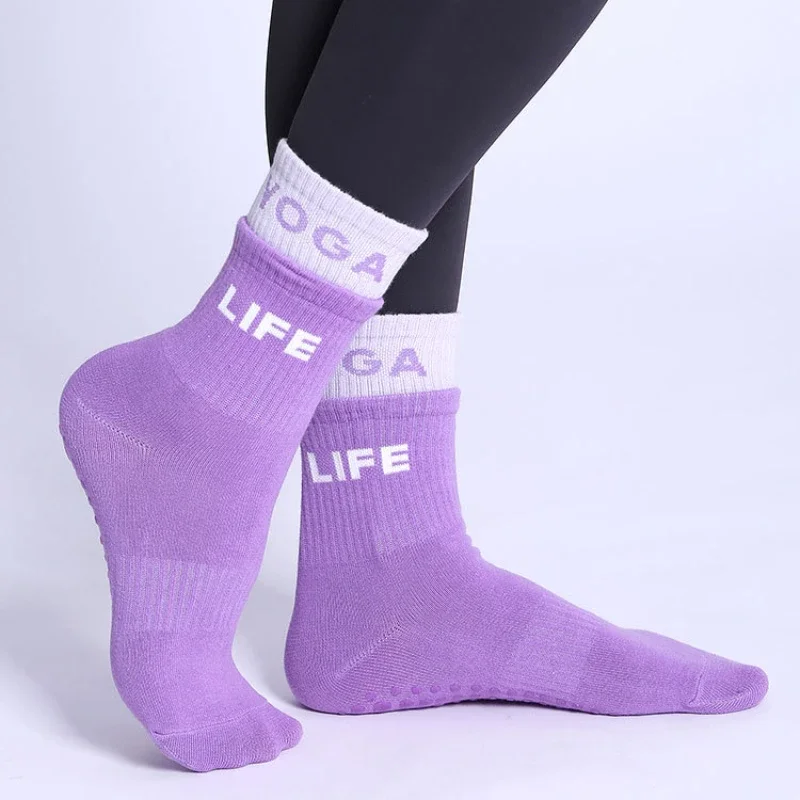 1 par de calcetines de Yoga antideslizantes con bloques de colores para mujer, calcetines de baile transpirables para Pilates para entrenamiento físico, calcetines deportivos antideslizantes para el suelo