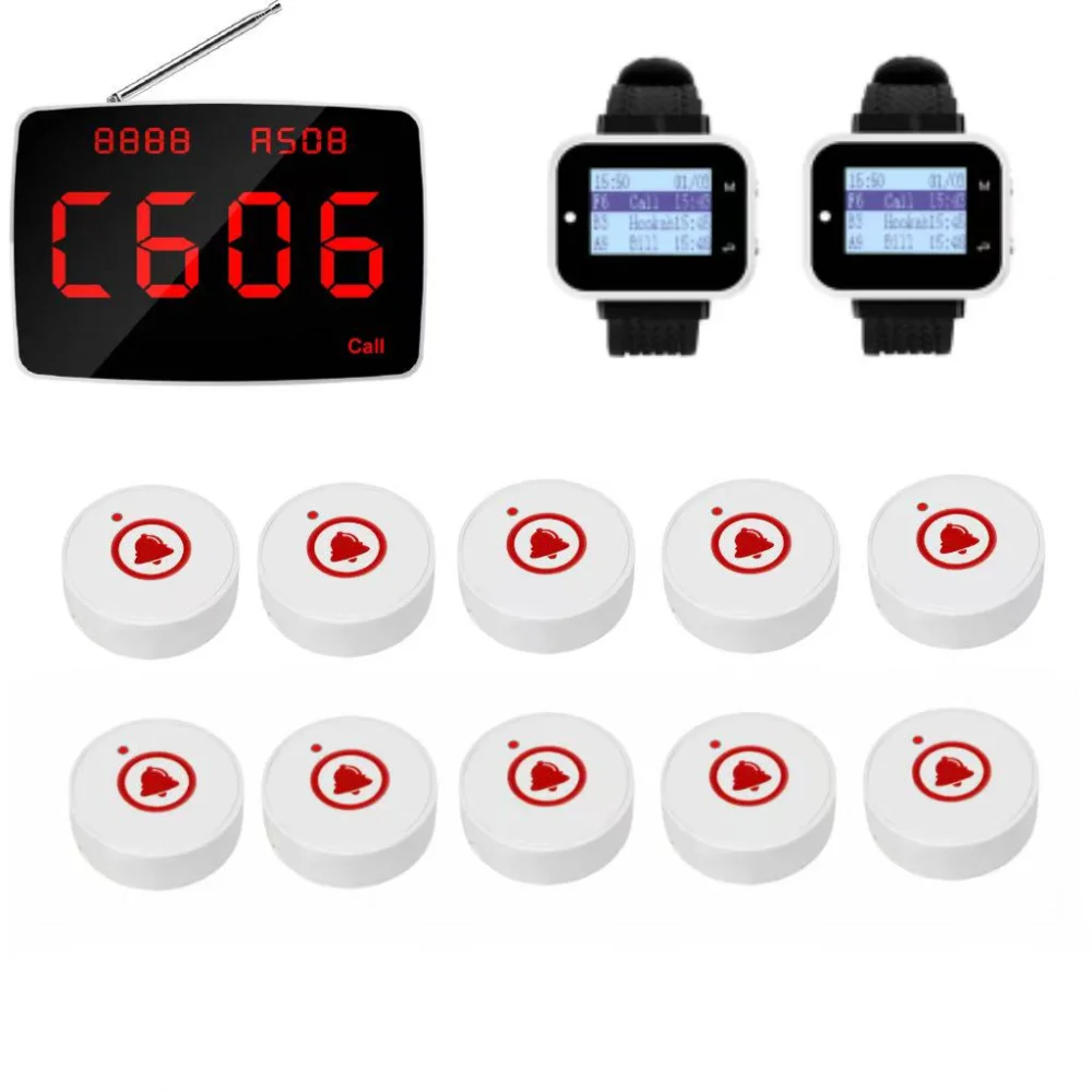 Waterproof Wireless Calling System Set 2 Watch Receivers + 15 Call Buttons Pager for Restaurant Cafe Hotel Hookah
