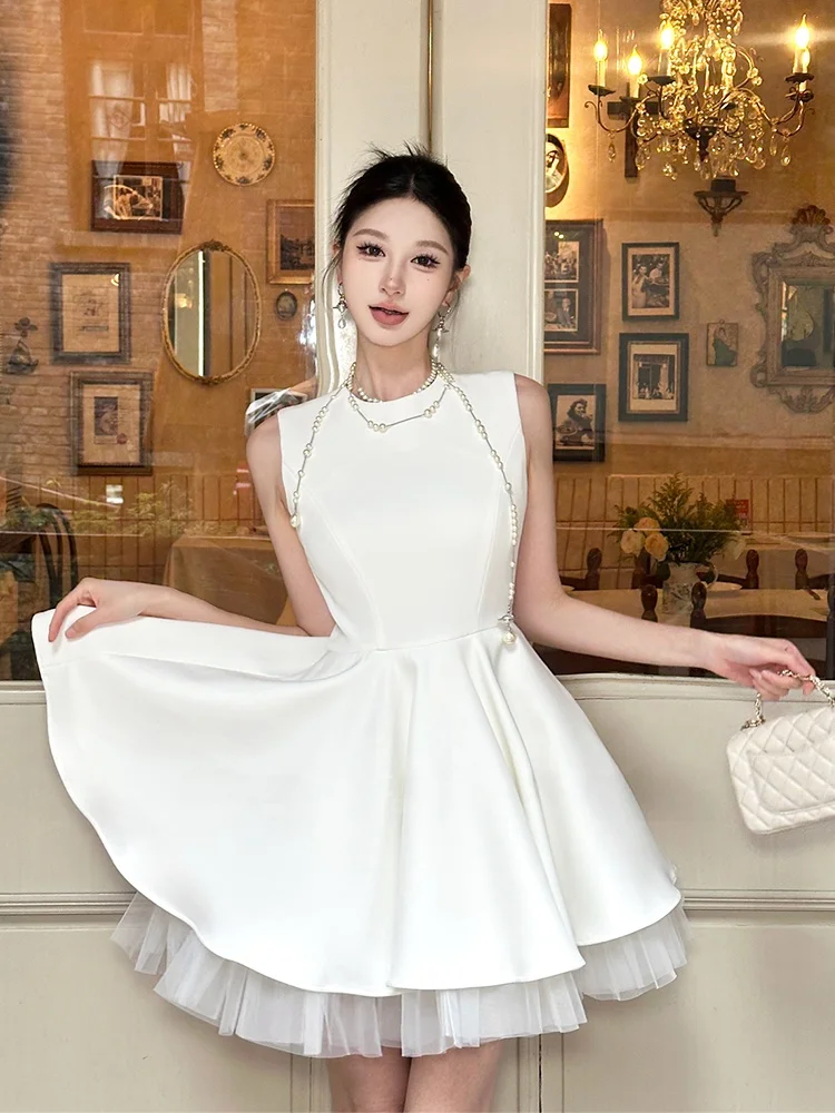 

White Me Splice Svel Hepburn Dr Waist Cinched Balleri ort Skirt Princ Sle High Waist Zipper round Ne