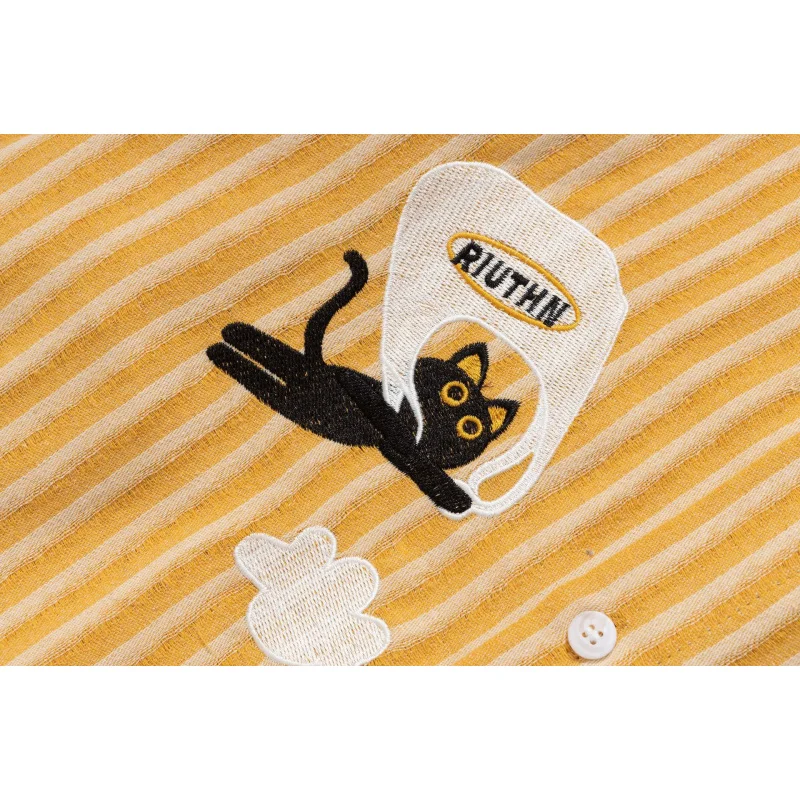 W2EJOURNEY Kemeja Lengan Panjang Motif Kucing Lucu Vintage Berkualitas Tinggi Ukuran EU US Mewah untuk Luar Ruangan Unisex Musim Gugur Kemeja Kasual Bergaris