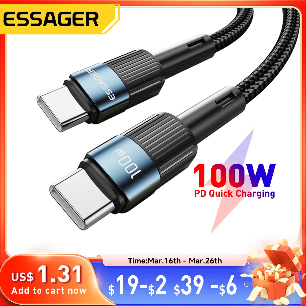 Кабель зарядный Essager USB Type-C на USB C, 100 Вт, 3 м