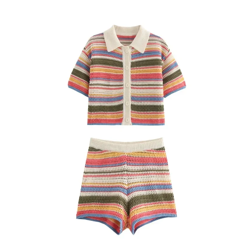 Women's Striped Knit Crop Top and Shorts Set