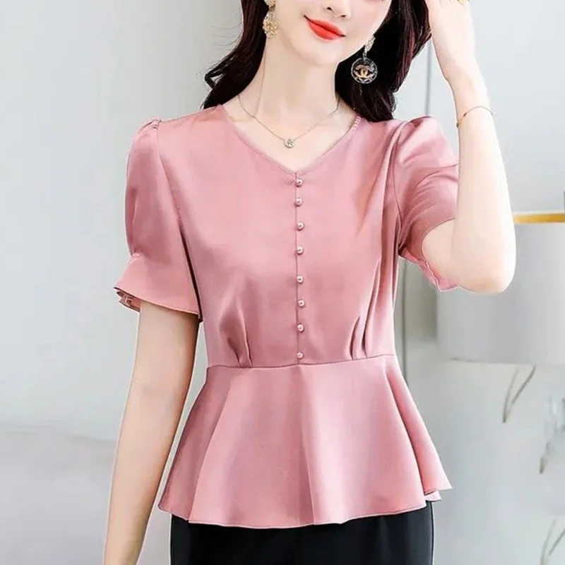 Elegant V-Neck Solid Color Folds Chiffon Blouse Women\'s Clothing 2023 Summer New Casual Pullovers Tops Loose Office Lady Shirt