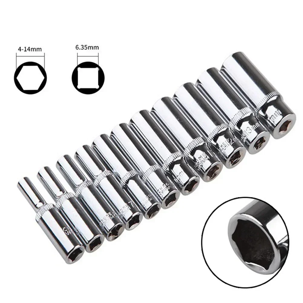 Hex Socket Socket Wrench Silver 1/4inch Longer Lifetime 4-14mm Deep Sockets Hexagon Lengthened Socket Wrench Head