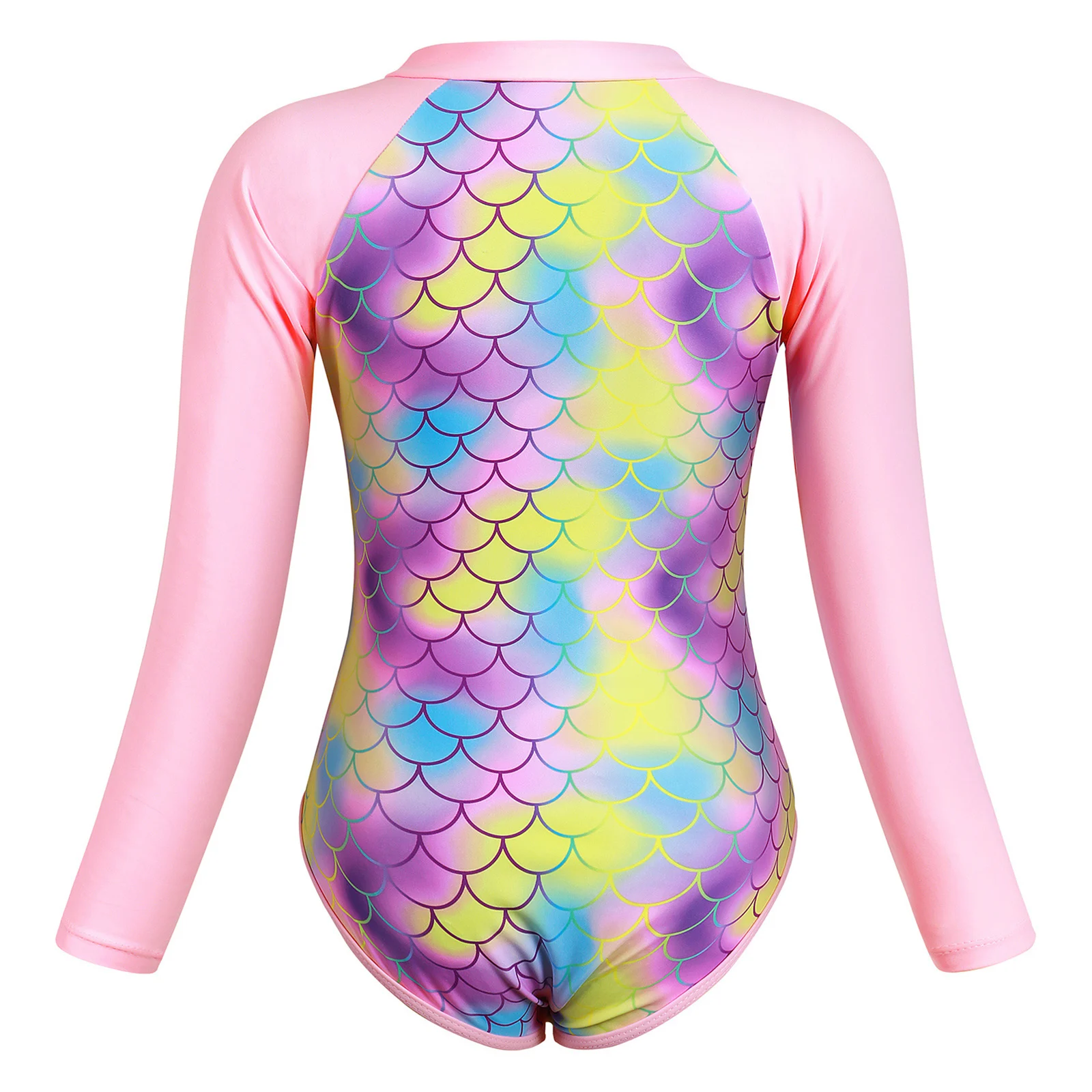 Kids Girls One-piece Swimsuit Swimming Long Sleeve Fish Scales Print Zip Front Bodysuit Swimwear Pool Beach Surfing Bathing Suit