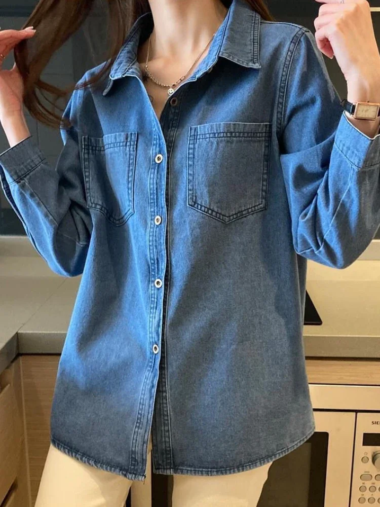 

Denim Jackets Women Korean Style Chic Vintage Fashion High Street Spring Simple Retro Turn Down Collar Mujer Outwear Long Sleeve