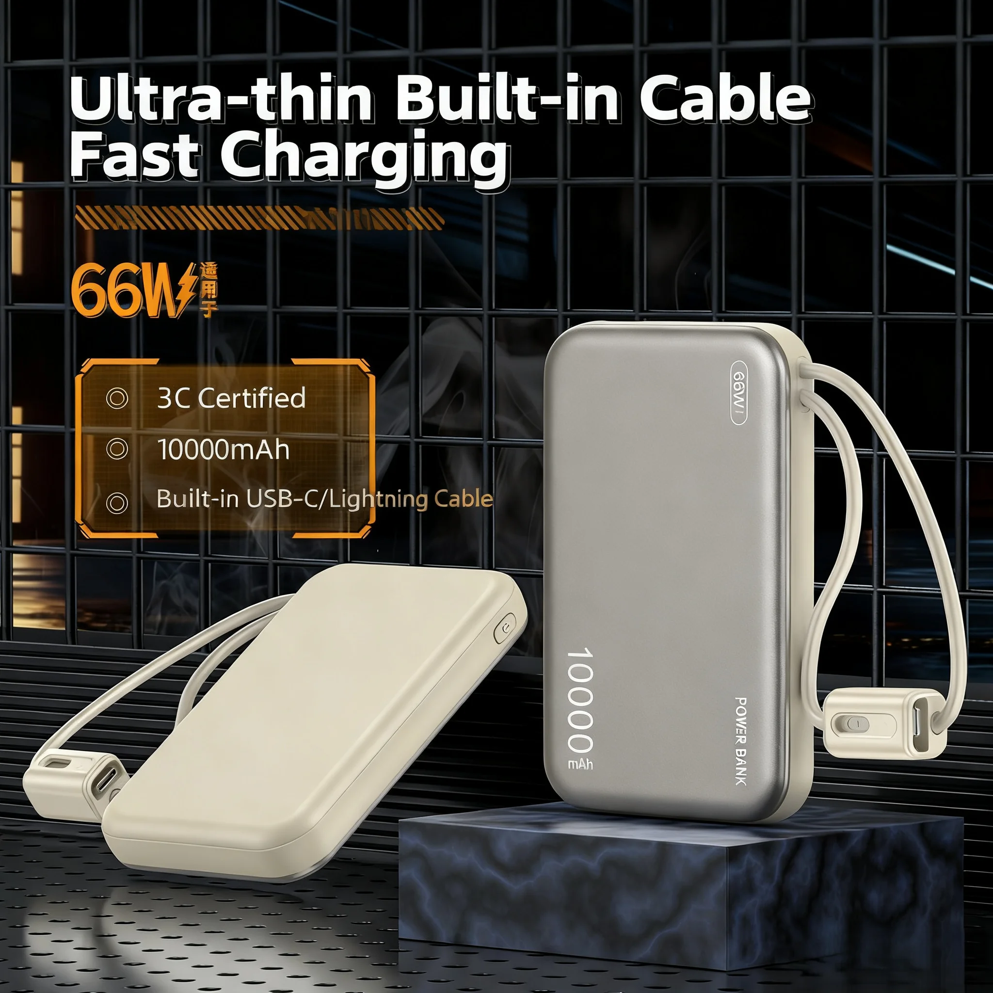 

CCC 10000 мАч Power Bank 66 Вт с кабелем Lightning Type-C Портативный внешний аккумулятор Быстрое зарядное устройство Powerbank для iPhone 17 Samsung