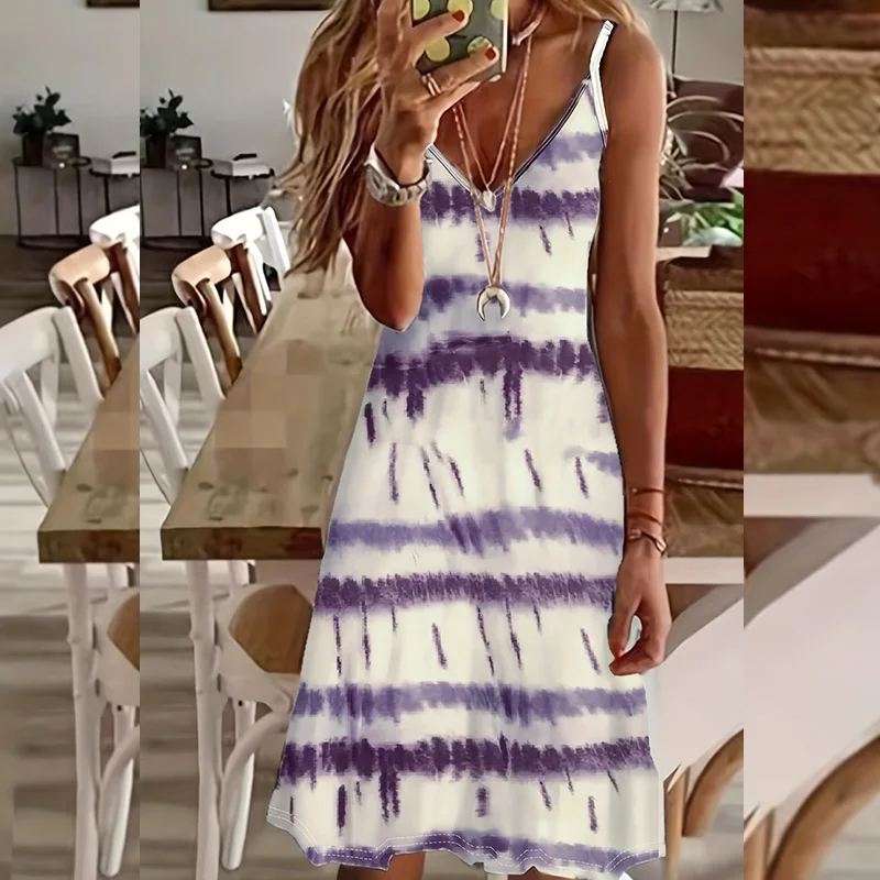 Elegantes Sommerkleid für Damen mit V-Ausschnitt und Print, geeignet für den täglichen Freizeitgebrauch, die Arbeit, Partys und als Strandkleid für den Urlaub
