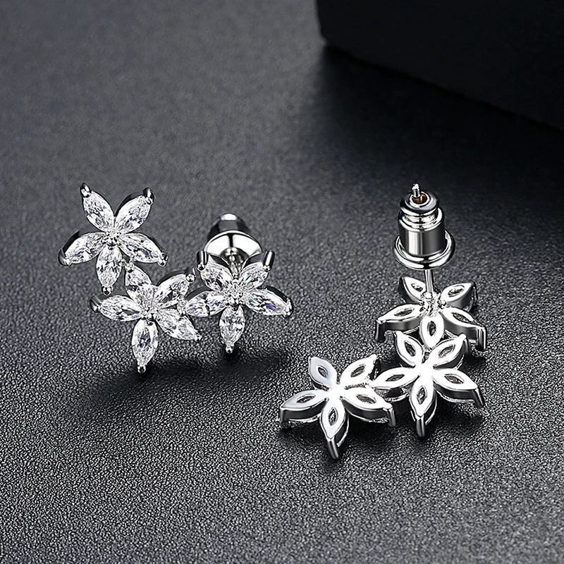 LUOTEEMI Sexy Daisy Chic Flowers Blossoming Stud Earrings for Women Wedding Cubic Zircon White Gold Color Fashion Jewelry Gift