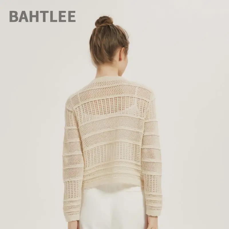 BAHTLEE-Gebreid vest voor dames, wollen jas, trui met ronde-hals, lange mouwen, driedimensionale gestreepte zakknopen, lente