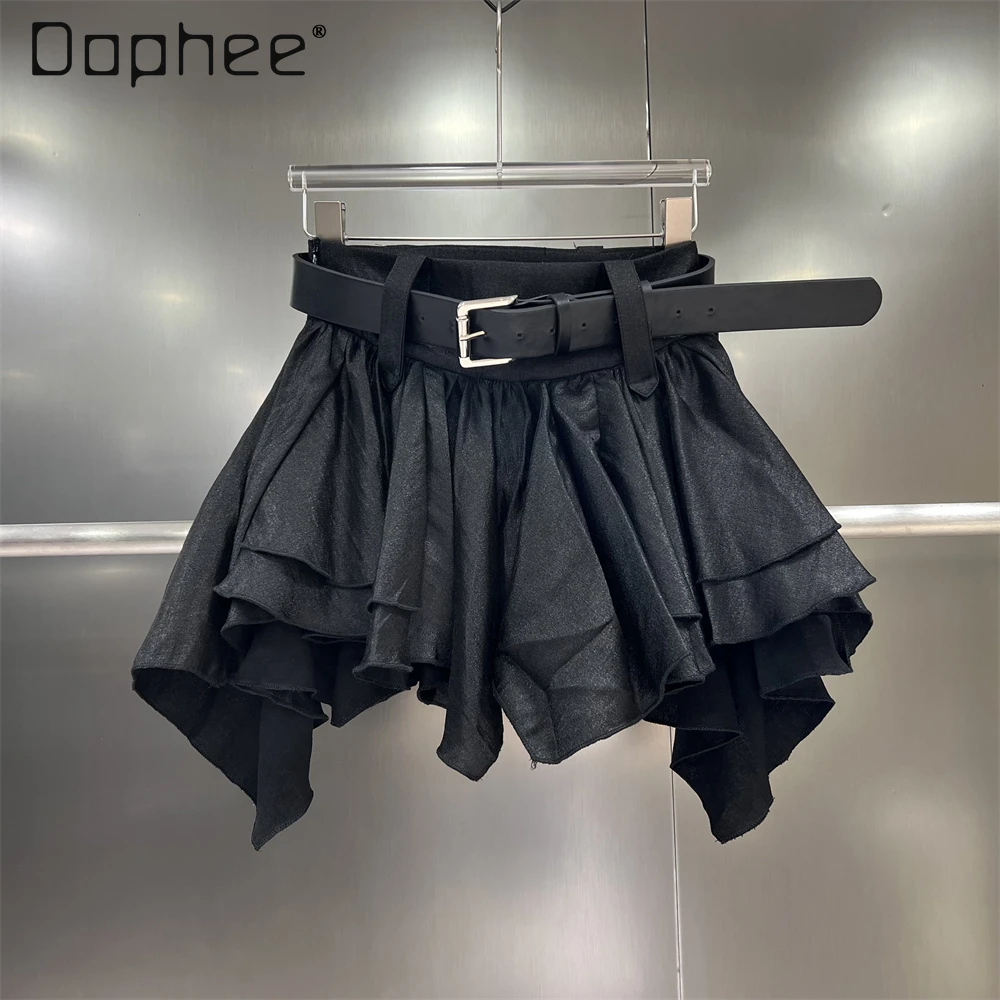 

Solid Ruffle Mini Skirt Women with Belt Irregular High Waist A Line Tiered Tutu Short Skirts Korean Fashion All-match Y2K