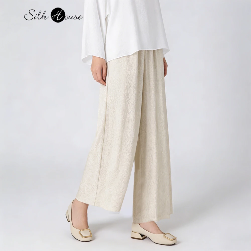 

Gilded Old Money Style 100% Natural Mulberry Silk Weaving Golden GuanLe Crepe Elastic Waist Off White Women's Wide Leg Pants