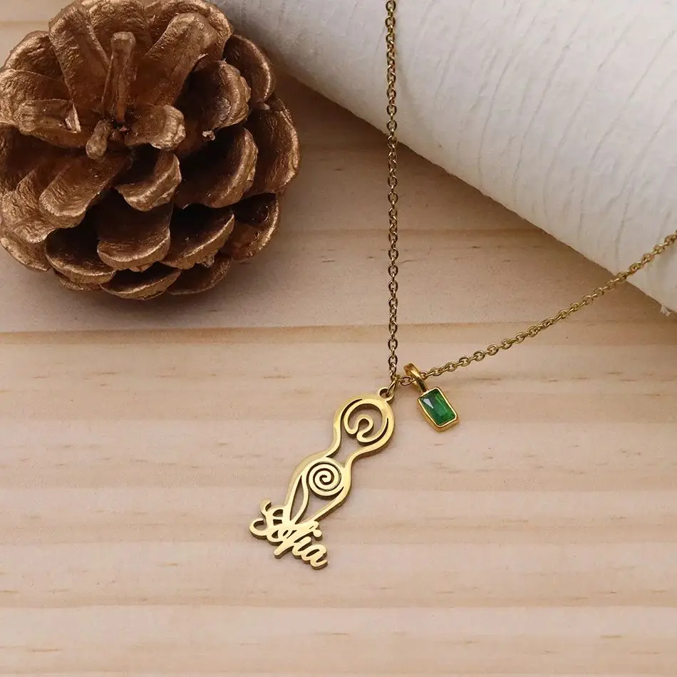 Chandler Elegant Custom Name Spiral Goddess Necklace Silver Tone with Green Zircon Feminine Fertility Jewelry Charms For Women
