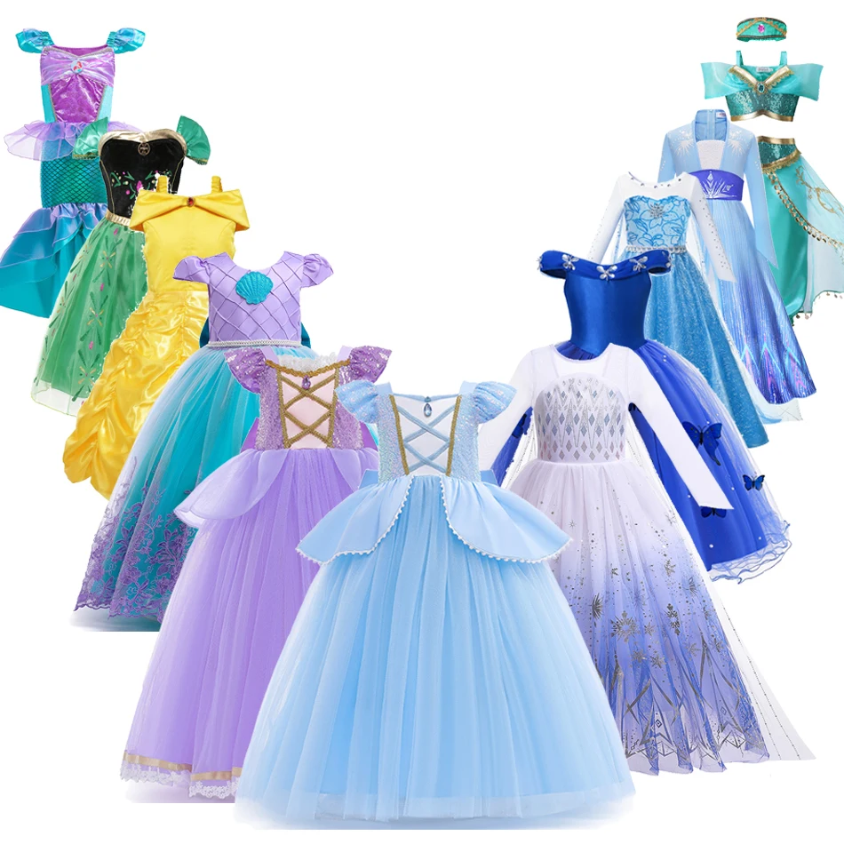 Kids Cinderella Rapunzel Costume Girls Halloween Princess Cosplay Party Dress Belle Aurora Anna Elsa Mermaid Birthday Clothes