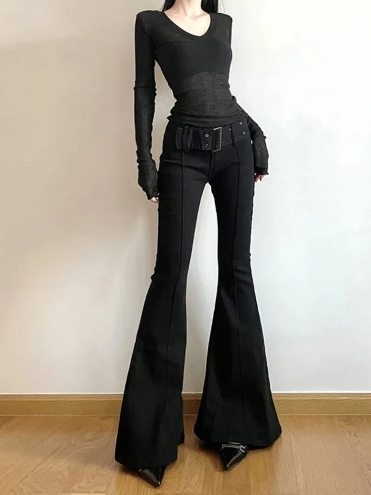 Celana Jeans Hitam Model Flare Y2k Retro Wanita E-Girl 2000-an Streetwear Fashion Celana Harajuku Lebar Yoga Pants 90-an Pakaian Estetik
