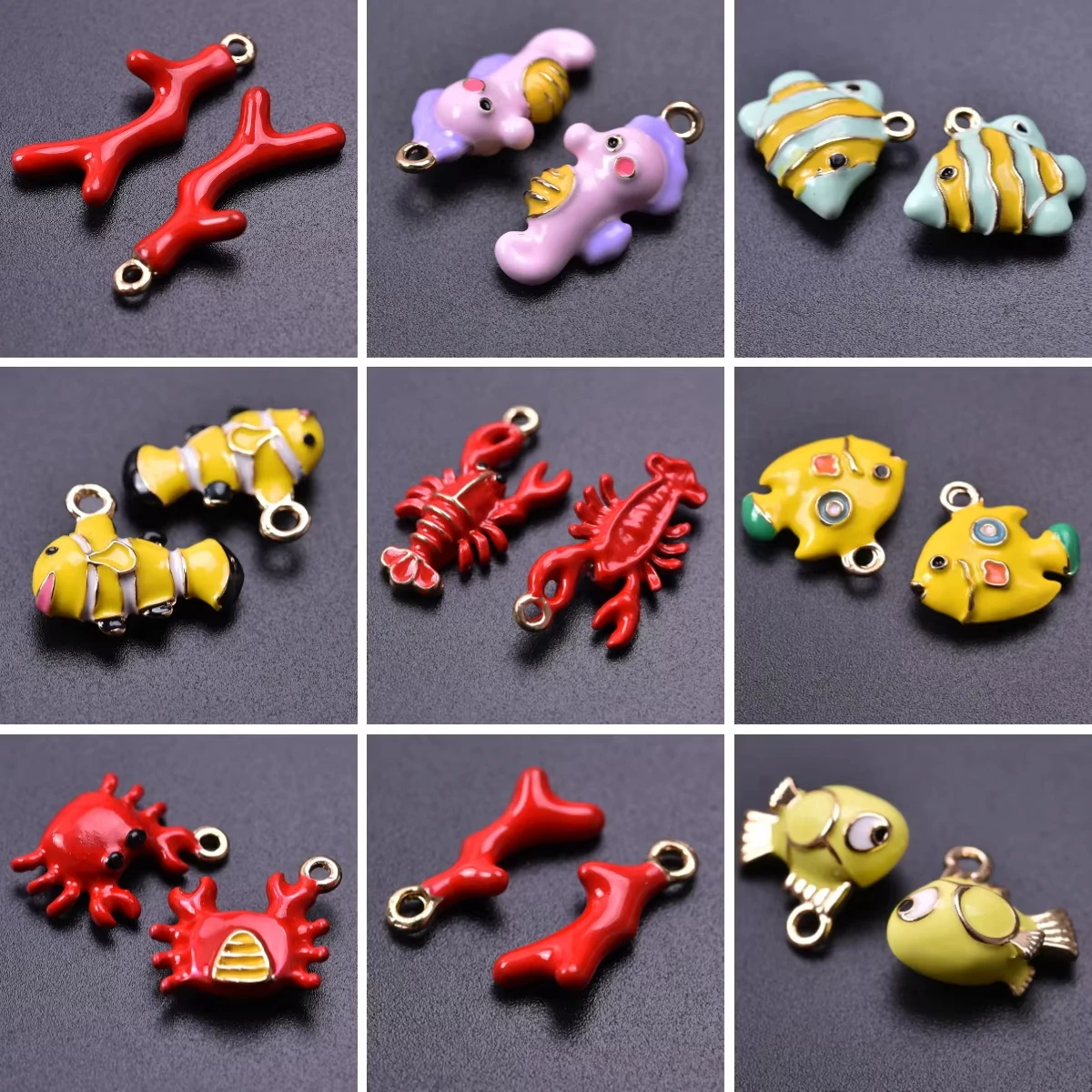 6PCS/lot Small Marine Animal Coral Tree Pendants Charms Seahorse Tropical Clown Fish Lobster Crab Pendant Jewelry Making Finding