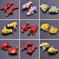 6PCS/lot Small Marine Animal Coral Tree Pendants Charms Seahorse Tropical Clown Fish Lobster Crab Pendant Jewelry Making Finding