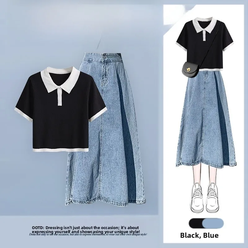 

Summer New Bla Ele irt ort Sve T-irt Vintage f-length Skirt Two-piece Set Women's Faion Ensemble