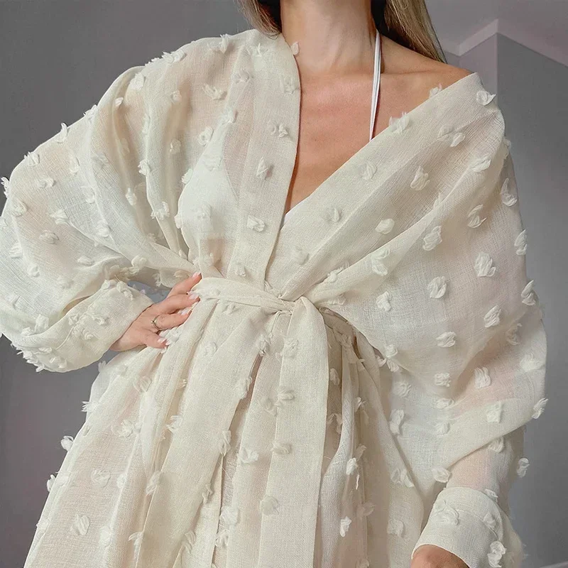 Saia de malha Jacquard Vintage feminina, elegante de gaze, cinto de bandagem pura, vestido longo de festa, casual, roupão solto, primavera, verão, 2022