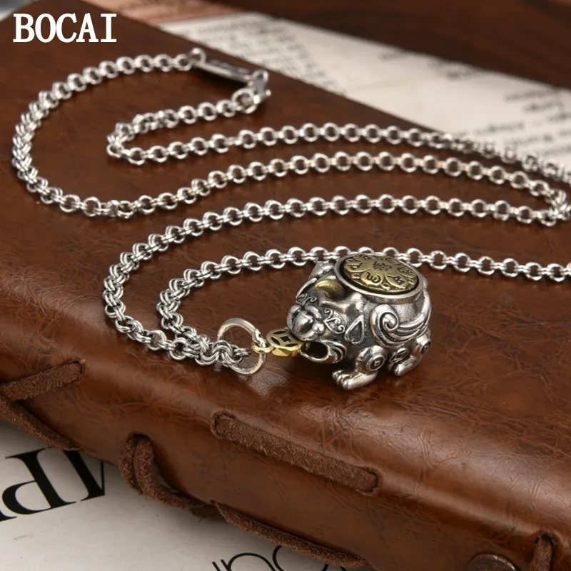 BOCAI New S925 Silver Chinese Style Retro Style Trendy Contrasting Colors Rotatable Three-dimensional Pixiu Pendant Gift