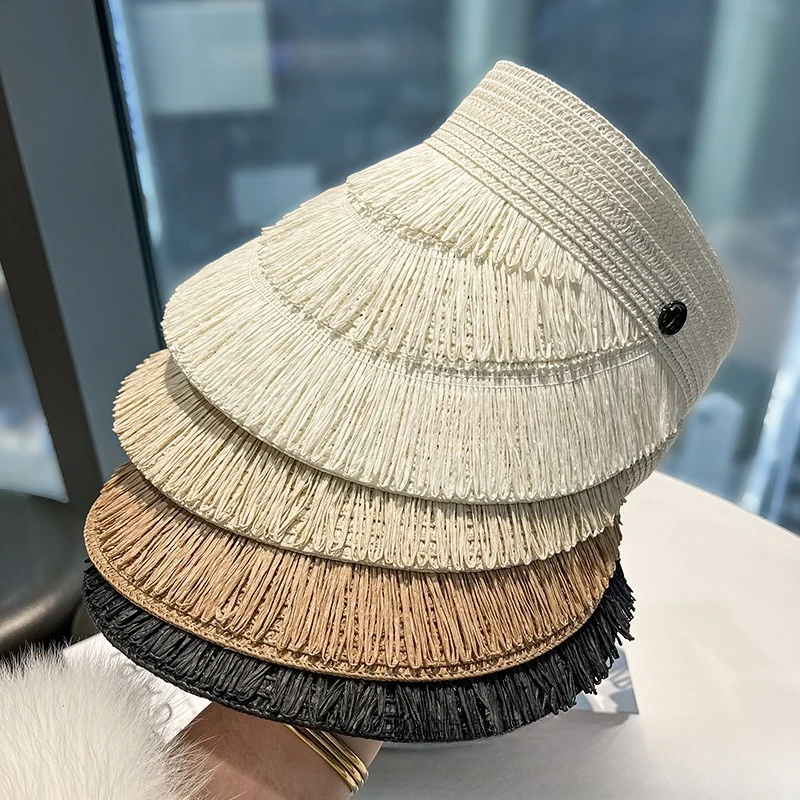 

Summer Sun Visor Cap with Fringed Warp Knitted Big Head circumference Empty Top Sun Hat Outdoor UV Protection Beach Sunshade Cap