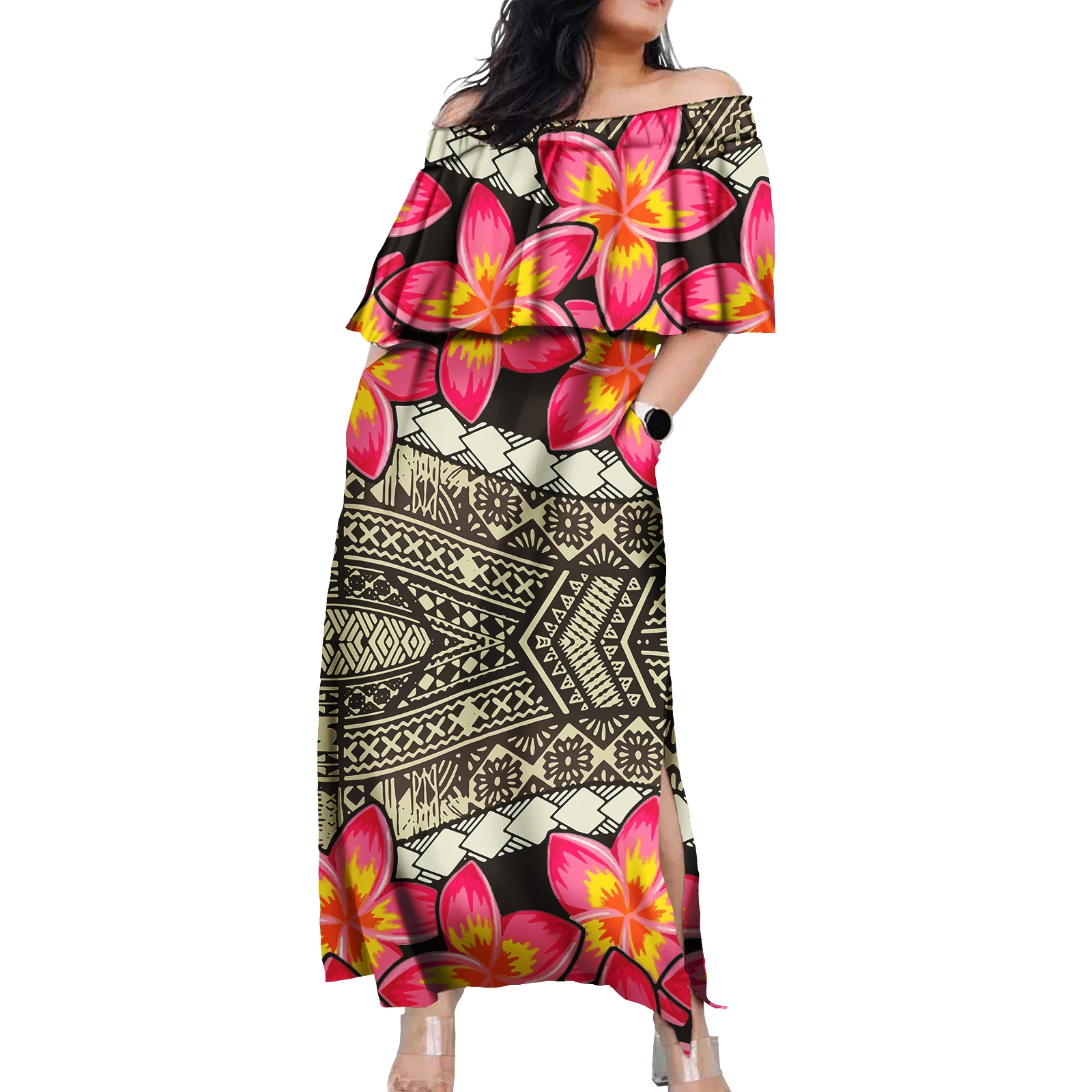 Fashion Customization Polynesian Sexy Ladies Off Shoulder Dress Print On Demand Island Samoan Style Women Samoan Dresses